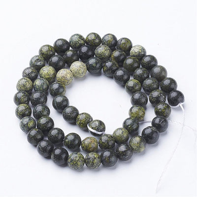 חרוזי אבן סרפנטין/גרין לייס טבעיים – עגולים, ירוק כהה, 6 מ״מ - כ-40 ס"מ בשורה