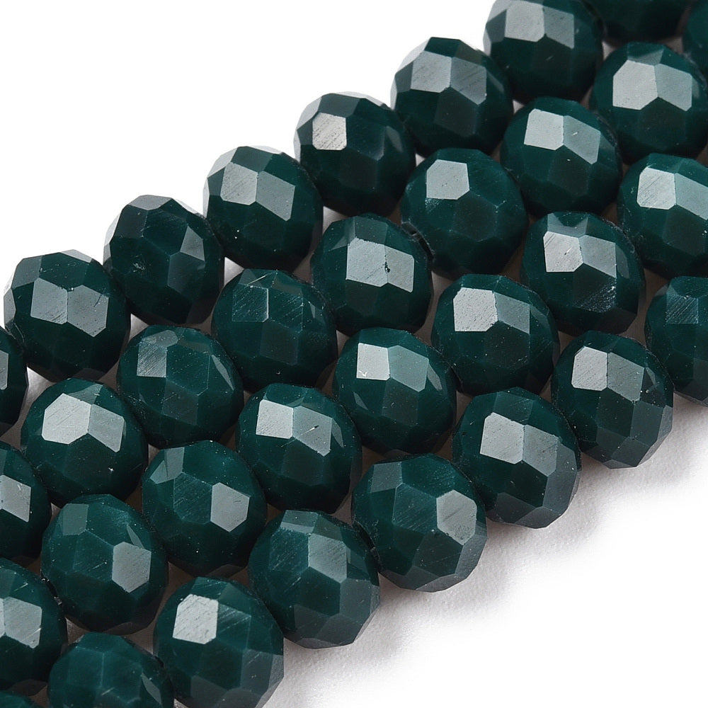 חרוזי זכוכית 6 מ"מ רונדל בצבע ירוק כהה, חור 1 מ"מ, אורך כ-40 ס"מ