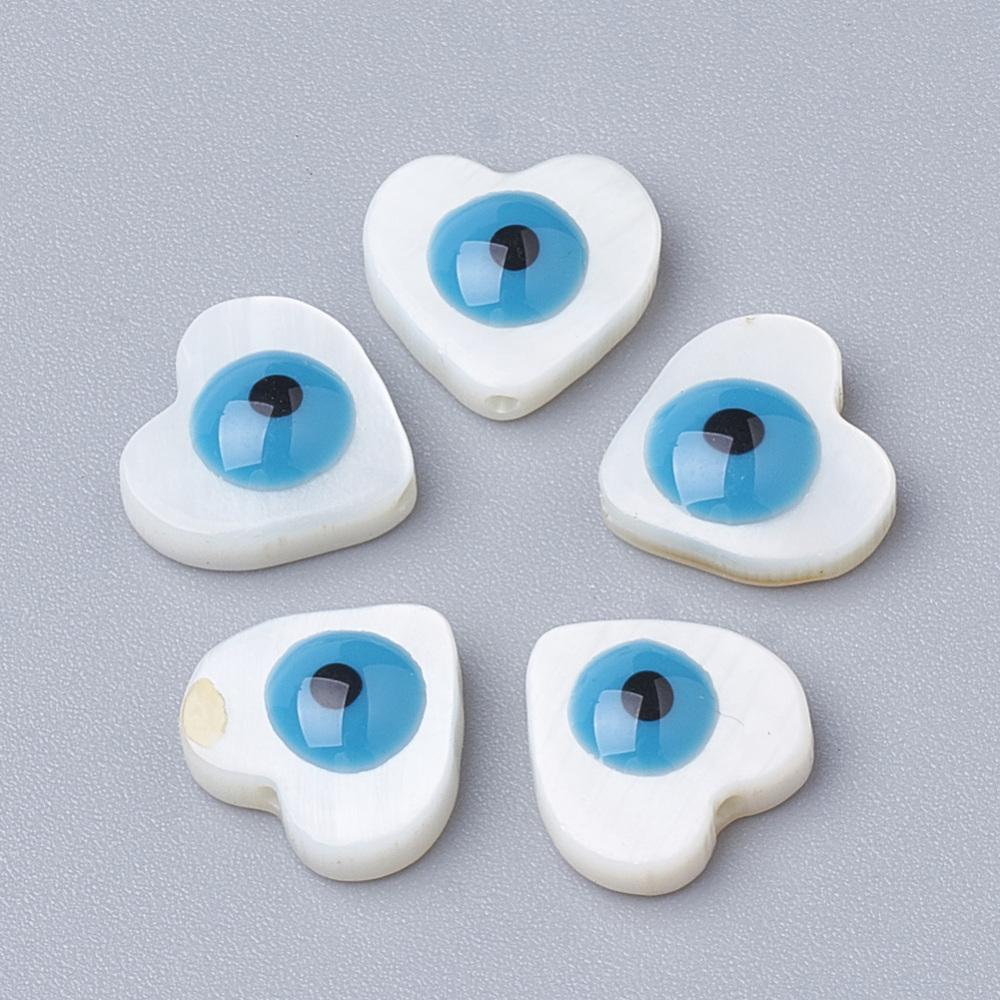 חרוזי עין הרע צדף טבעיות לב כחול, 10 מ"מ, חור 1 מ"מ, 1 יחידה