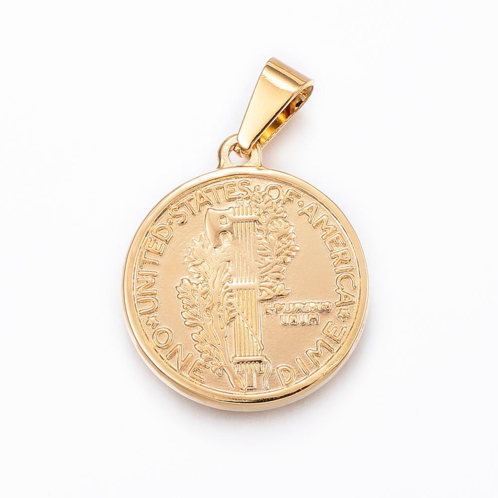 תליון מטבע סטיינלס סטיל מצופה זהב, 30 מ"מ, חור 4 מ"מ, 1 יחידה
