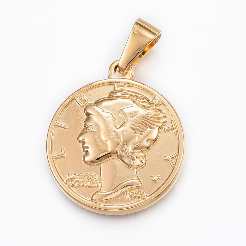 תליון מטבע סטיינלס סטיל מצופה זהב, 30 מ"מ, חור 4 מ"מ, 1 יחידה