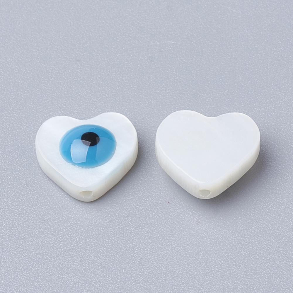 חרוזי עין הרע צדף טבעיות לב כחול, 10 מ"מ, חור 1 מ"מ, 1 יחידה