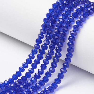 חרוזי זכוכית 4 מ"מ רונדל בצבע כחול שקוף, חור 0.4 מ"מ, אורך שרשרת כ-40 ס"מ